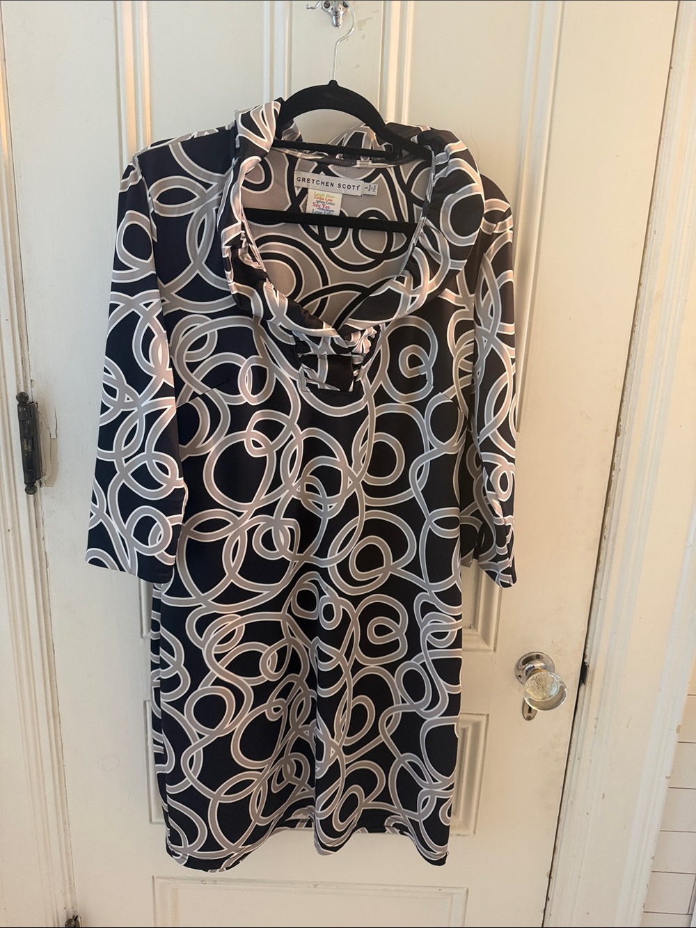 Gretchen Scott Designs Black and White Swirl Cowl Neck Dress